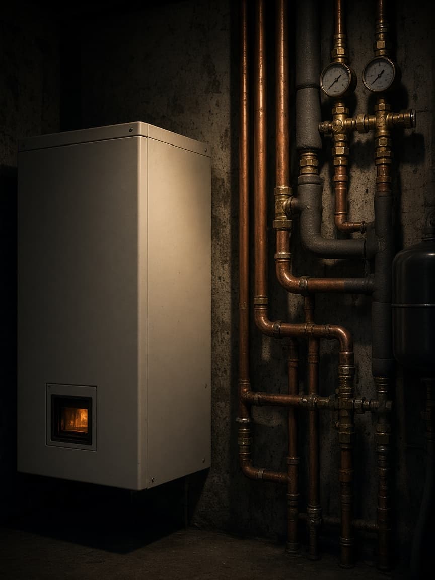 Boiler and hot water plumbing components in a mechanical room