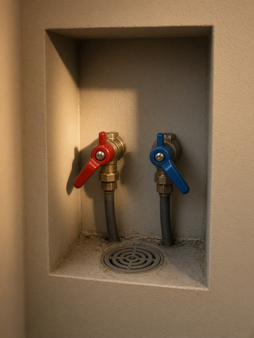 Laundry plumbing and drain pan area where water heater leaks can cause damage