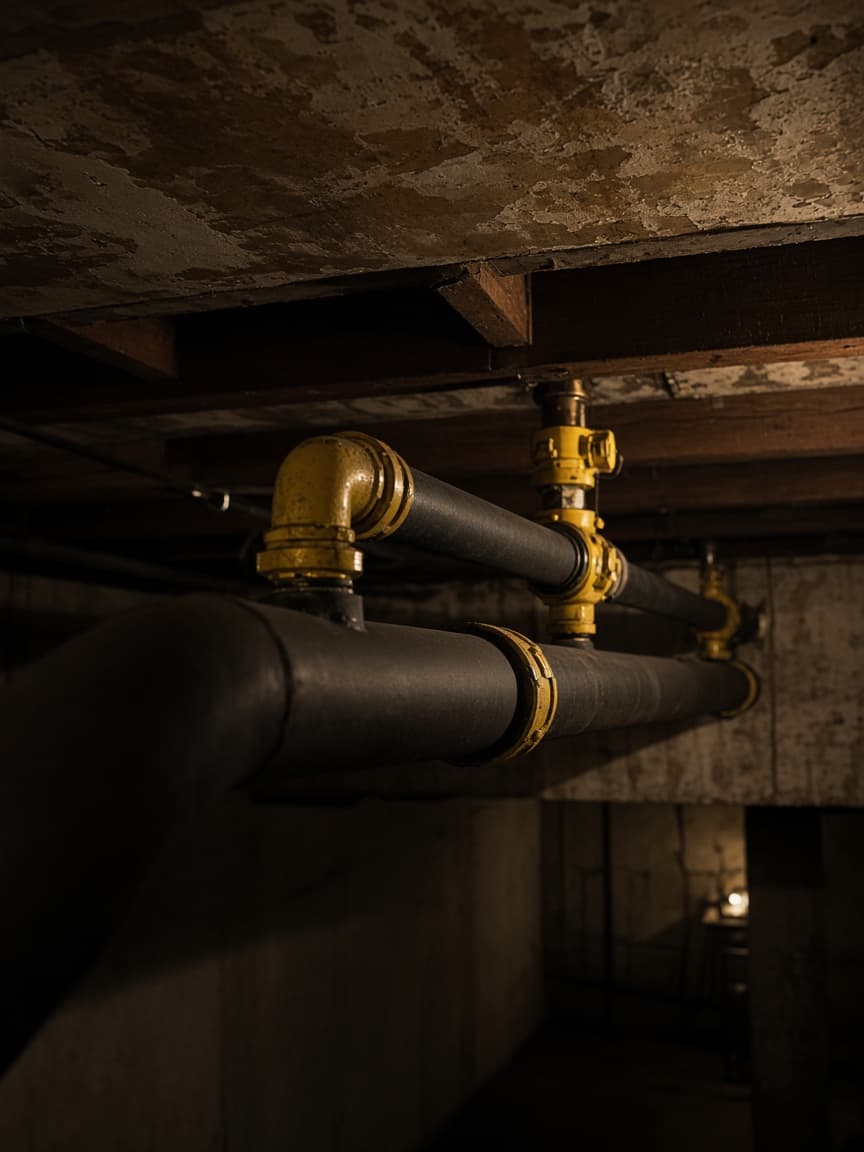 Natural gas line plumbing supporting a gas water heater installation